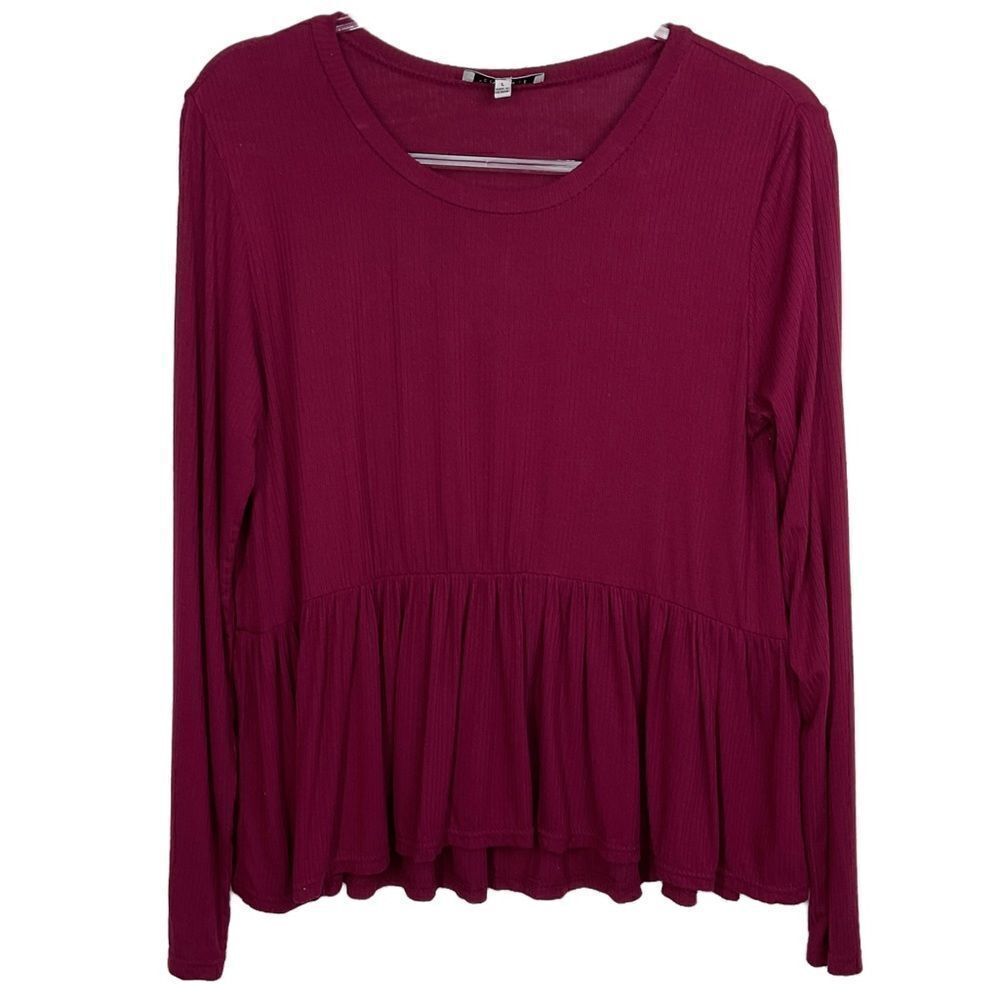 4/$16 Hooked Up Maroon Ribbed Long Sleeve Peplum Top Large